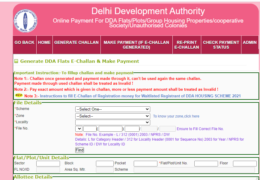 Generate DDA Flats E-Challans and Make Payments 