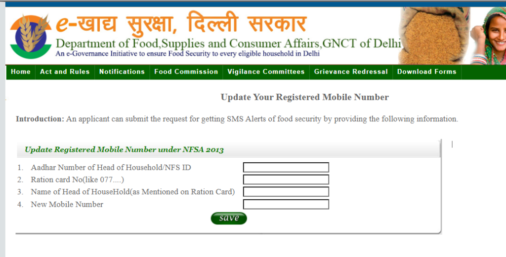 Update Your Registered Mobile Number at nfs.delhi.gov.in