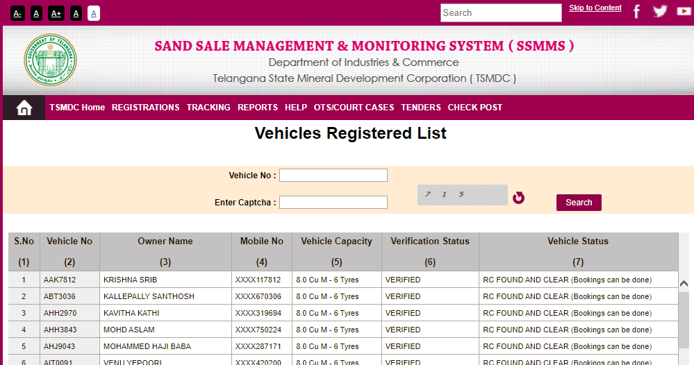 View Vehicle Registered List  on SSMMS Portal  